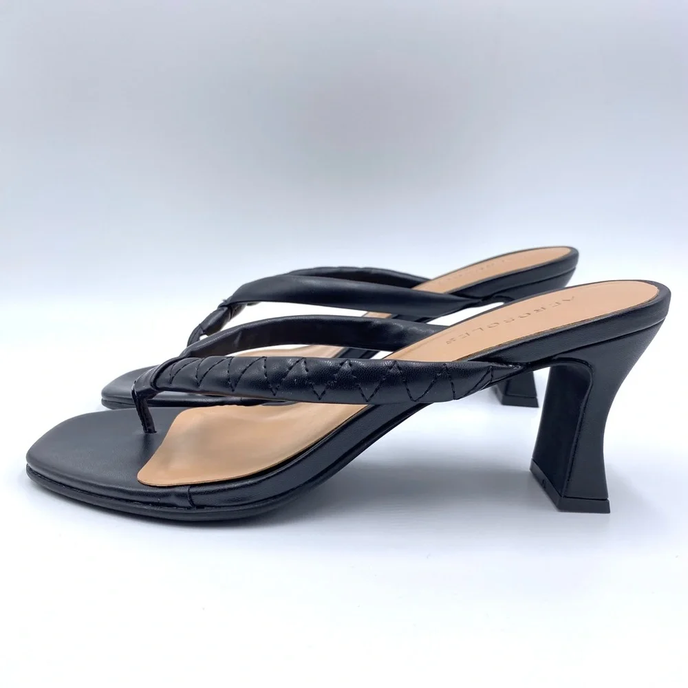 Aerosoles Size 8.5 Black Faux Leather Square Toe Heels Dress Sandals Shoes‎